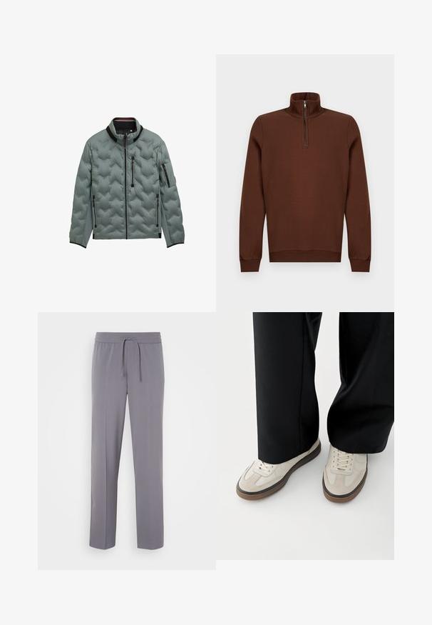 Heledhall hallidego jacket musta äärega, täispikk eeslukk, rinna- ja külje tõmblukkudega taskud ning tõmblukuga tasku vasakul varrukal.; Pruun pika varrukaga pullover pool lukuga kõrge kraega, soonikkoes varrukate ja äärega, eksponeeritud tavalisel taustal.; Hallid, venitatud püksid, millel on lame esikülg, elastne vöökohus ja nöör, otse jalad ja sile tekstuur.; Jalad, mis kannavad beeži värvi tossusid pruunide talladega ja mustasid laiade säärega pükse valgel taustal.