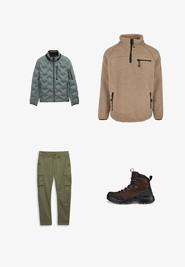 Lys grå quiltet jakke med sort kant, fuld frontlynlås, bryst- og side lynlås lommer samt lynlåslomme på venstre ærme.; Fleece-pullover i beige med høj krave, lynlåslommer på brystet og i siden. Tekstureret stof med en blød, varm finish.; Olivengrøn cargobukser med sidelommer med klap, skrå forlommer, bæltestropper og for-lynlås med knaplukning.; Brun vandresko med et struktureret læderoverdel, sort gummitåhætte, forstærkede snørrebukser og en robust sål til godt greb.