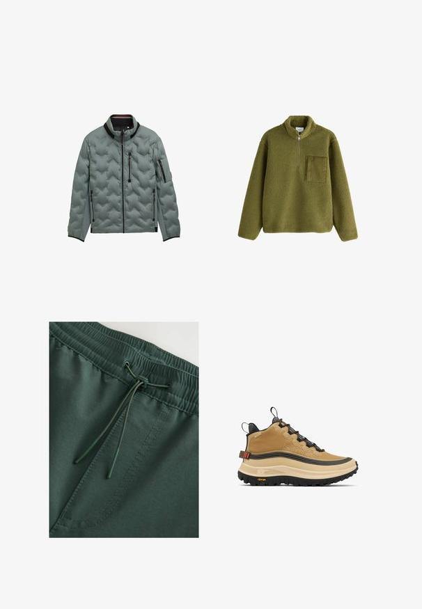 Lys grå quiltet jakke med sort kant, fuld frontlynlås, bryst- og side lynlås lommer samt lynlåslomme på venstre ærme.; Olivengrøn fleece pullover med lange ærmer, halv lynlås foran, ståkrave og tekstureret firkantet brystlomme på venstre side.; Mørkegrønne sweat shorts med elastisk talje og snørelukning, glat tekstur og synlige stingdetaljer. Enkel, funktionel design.; Tanfarvet højt snøresko med tekstureret finish, markant sort ydersål og orange accenter. Har snøresystem og polstret krave for støtte.
