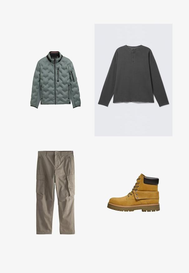 Lys grå quiltet jakke med sort kant, fuld frontlynlås, bryst- og side lynlås lommer samt lynlåslomme på venstre ærme.; Mørkegrå langærmet henley-shirt med rund halsudskæring og tre knapper på frontpladen.; Khaki cargobukser med bæltestropper, lynlåslommer foran, sidelommer med trykknapper og lige ben.; Tanfarvet arbejdsstøvle med sort polstret krave, snørelukning foran, nedfoldelig flap fastgjort med metaløjer og tyk gummisål med dybt mønster.
