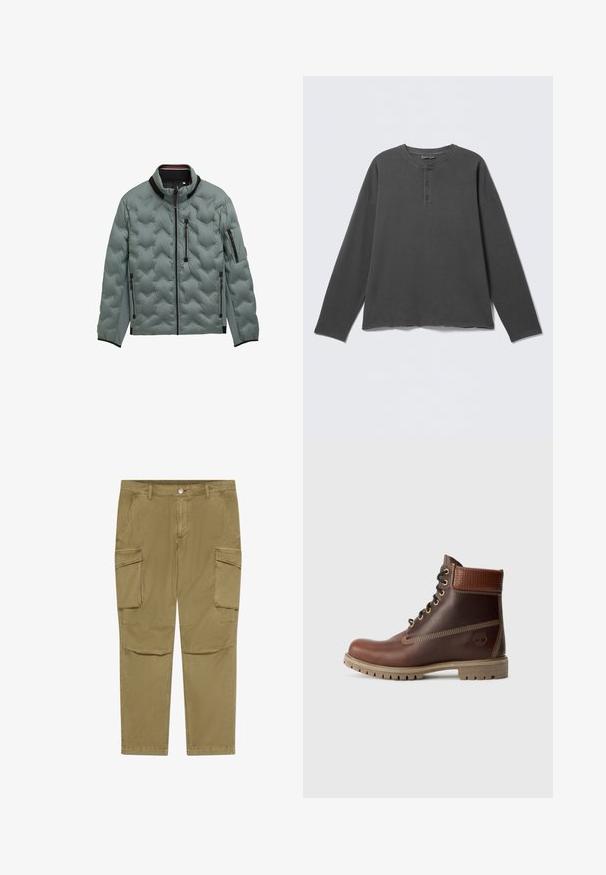Lys grå quiltet jakke med sort kant, fuld frontlynlås, bryst- og side lynlås lommer samt lynlåslomme på venstre ærme.; Mørkegrå langærmet henley-shirt med rund halsudskæring og tre knapper på frontpladen.; Khaki cargobukser med knap- og lynlåslukning, der har sidelommer med klap og skrå forlommer.; Brun læder snørebånd ankelstøvle med polstret krave, kontrastsyning og robust sål, vist fra ydersiden på en hvid baggrund.