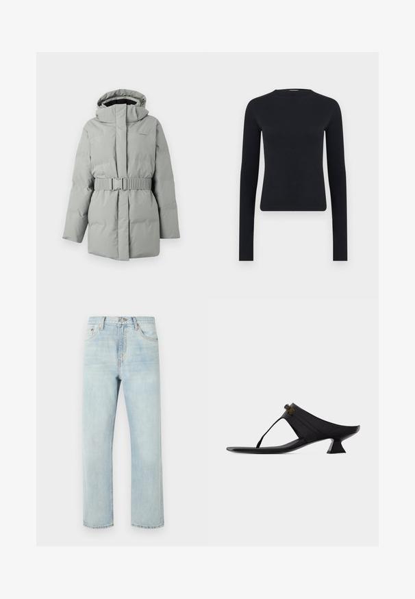Lichtgrijze gewatteerde jas met een capuchon en een ceintuur in de taille, met een soepele textuur en minimale branding aan de bovenlinkerzijde.; Zwart, langemouwen, nauwsluitend crop top met ronde hals, gemaakt van geribbelde gebreide stof, getoond op een effen lichtgrijze achtergrond.; Lichtblauwe rechte spijkerbroek met voorzakken, riemlussen en knoopsluiting op een effen achtergrond.; Zwarte leren teensandaal met een hoge hak, een vierkante neus, een halverwege uitlopende hak en een goudkleurig gespsluiting op het bandje.