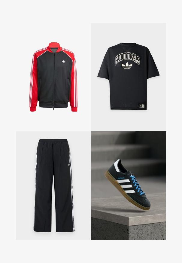Sort mesh-jakke med røde ærmer, der har tre hvide striber på hvert ærme og et lille hvidt logo på brystet. Lynlåslukning.; Sort Adidas sportst-shirt med korte ærmer i perforeret stof, hvid Adidas tekst og trefoil-logo foran samt mærke i nærheden af kanten.; Sorte bukser med vide ben og hvide striber på siden, elastisk talje, forreste læg og Adidas-logo på højre lår.; Sort Adidas sneaker med hvide striber, blå snørebånd og gummisål, der svæver over gråt betontrin i blødt lys.