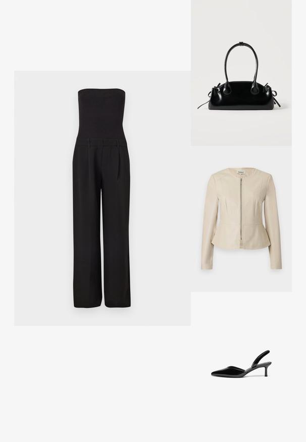Veste en similicuir beige avec un col rond, des manches longues et une fermeture éclair à l'avant. Caractérisée par un ourlet peplum et une texture lisse et élégante.; Combinaison noire sans bretelles avec un corsage côtelé ajusté et un pantalon tailleur à jambes larges.; Escarpins à talon aiguille en cuir verni noir, avec un bout pointu, un talon aiguille bas et un design élégant et simple sans embellissements.; Petit sac à main noir brillant avec deux longues anses et des détails à cordon sur les côtés sur un fond clair uni.