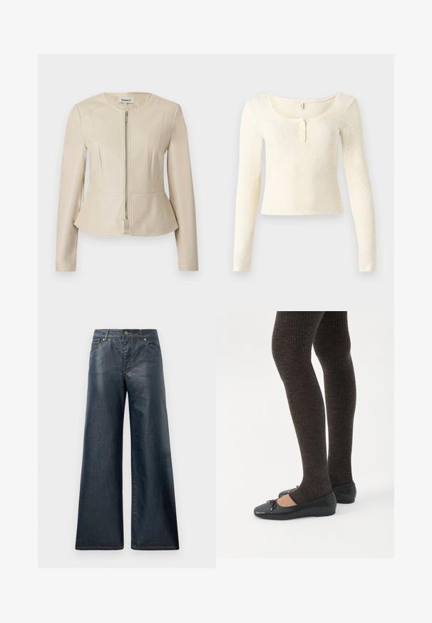 Veste en similicuir beige avec un col rond, des manches longues et une fermeture éclair à l'avant. Caractérisée par un ourlet peplum et une texture lisse et élégante.; Top à manches longues en maille côtelée de couleur crème clair ; présente un col rond et une patte de boutonnage à trois boutons. Texture douce et coupe ajustée.; Jeans en denim à jambes larges de couleur bleu foncé, dotés de cinq poches, d'une fermeture à bouton à l'avant et de coutures contrastantes le long des coutures.; Jambes portant des leggings côtelés foncés associés à des ballerines noires avec de petits détails en nœud sur fond blanc.