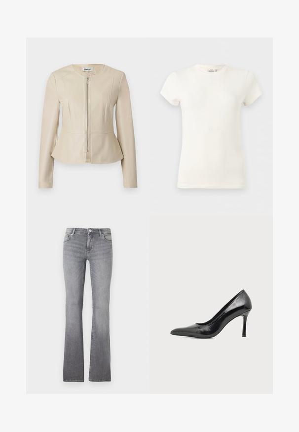Veste en similicuir beige avec un col rond, des manches longues et une fermeture éclair à l'avant. Caractérisée par un ourlet peplum et une texture lisse et élégante.; T-shirt blanc uni en coton à manches courtes et col rond, présenté sur un fond gris clair.; Jeans gris évasés en denim avec une texture douce, dotés d'un design à cinq poches et d'une fermeture à bouton métallique au niveau de la taille.; Chaussure à talon haut pour femme en cuir verni noir avec bout pointu et talon fin sur fond clair uni.