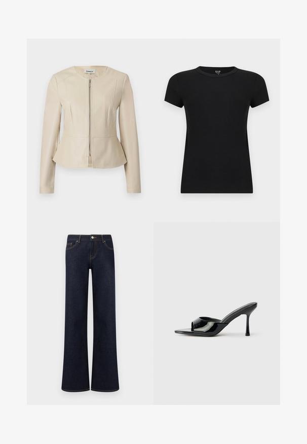 Veste en similicuir beige avec un col rond, des manches longues et une fermeture éclair à l'avant. Caractérisée par un ourlet peplum et une texture lisse et élégante.; T-shirt pour femmes noir à manches courtes avec col rond et coupe ajustée, présenté sur un fond clair uni.; Jean en denim bleu foncé à jambes larges avec poches avant, fermeture par bouton et fermeture éclair, et coutures contrastantes visibles.; Mules noirs en cuir verni à bout ouvert avec une sangle étroite et un talon aiguille. Texture lisse et design minimaliste avec une semelle plate.