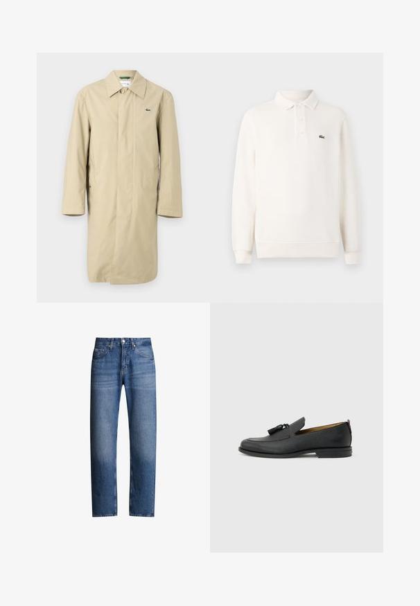 Imperméable beige avec un col, des manches longues et des poches latérales. Présente un petit logo vert sur la poitrine. Tissu lisse et léger.; Polo-shirt à manches longues en crème pâle en tricot texturé, avec une patte de boutonnage à trois boutons et un logo brodé vert sur la poitrine.; Jeans en denim bleu avec une coupe droite, cinq poches et une fermeture éclair. Présente une légère décoloration et des coutures le long des coutures.; Mocassin pour homme en cuir noir avec pompons, bout arrondi, petit talon et languette à l'arrière, présenté de profil sur un fond gris clair.