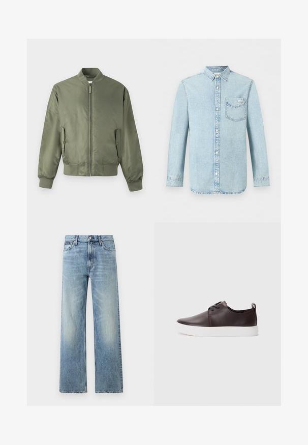 Olivengrøn bomberjakke med lynlås foran, ribkantede manchetter og kant, sidelommer og en glat, blank tekstur. Minimalistisk design.; Lyseblå denim-skjorte med lange ærmer, knaplukning foran, enkelt brystlomme med Calvin Klein-logo og spids krave.; Lyseblå denim jeans med lige ben, højt talje, fem lommer, knaplukning og diskrete falmede områder på lår og knæ.; Brune lædersneakers med en glat overflade, hvid gummisål, rund tæer og snøredesign. Indeholder en løkke i hælen.