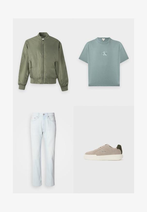Olivengrøn bomberjakke med lynlås foran, ribkantede manchetter og kant, sidelommer og en glat, blank tekstur. Minimalistisk design.; Lyseblågrøn kortærmet T-shirt med rund hals og centreret Calvin Klein-logo i hvid og sort tekst på forsiden.; Lyseblå denimjeans med lige ben. Har en knaplukning og bæltestropper, viser en falmet tekstur og minimal syning.; Beige ruskinds sneakers med en hvid gummisål, der har en mørkegrøn hælaccent og subtil branding på siden.