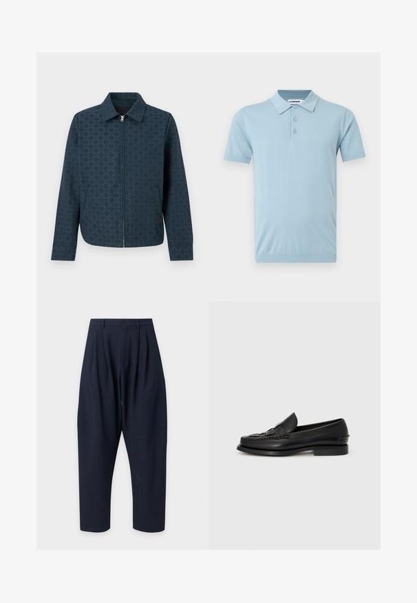 Veste zippée bleu foncé avec un motif subtil à carreaux, col, manches longues et poches avant inclinées.; Polo bleu clair à manches courtes avec trois boutons et col, arborant une broderie discrète du logo sur la poitrine gauche.; Pantalon bleu marine taille haute avec plis, fermeture par bouton, passants de ceinture et jambes fuselées sur fond blanc uni.; Mocassin en cuir noir avec un détail tissé à l'avant, bout arrondi et petit talon. Texture lisse et design minimaliste.
