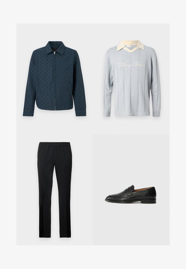 Veste zippée bleu foncé avec un motif subtil à carreaux, col, manches longues et poches avant inclinées.; Pull en maille bleu clair avec motifs à câbles verticaux, col en V couleur crème, et texte cursif "Filling Pieces" sur la poitrine.; Pantalon noir avec une taille élastique, jambes droites et une texture lisse. Présente des lignes épurées et ne comporte pas de poches visibles ni d'ornementations.; Mocassin en cuir noir avec un bout arrondi, des coutures subtiles et un talon bas, présentant une texture lisse et un design minimaliste.
