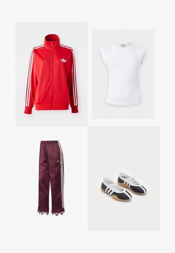 Rød zip-up træningsjakke lavet af glat stof, med hvide tre-striber på ærmerne og et lille hvidt logo på brystet.; Hvid ribbet ærmeløs top med polstrede skuldre og rund halsudskæring, størrelse small, mærket Topshop indvendigt i kraven.; Bordeaux satin træningsbukser med hvide sidelommer, elastisk talje, lynlåslommer og blondekant ved kanten.; Sort-hvide sportsko med et slankt design, gummisål, snørebåndslukning og tre hvide striber på siden.