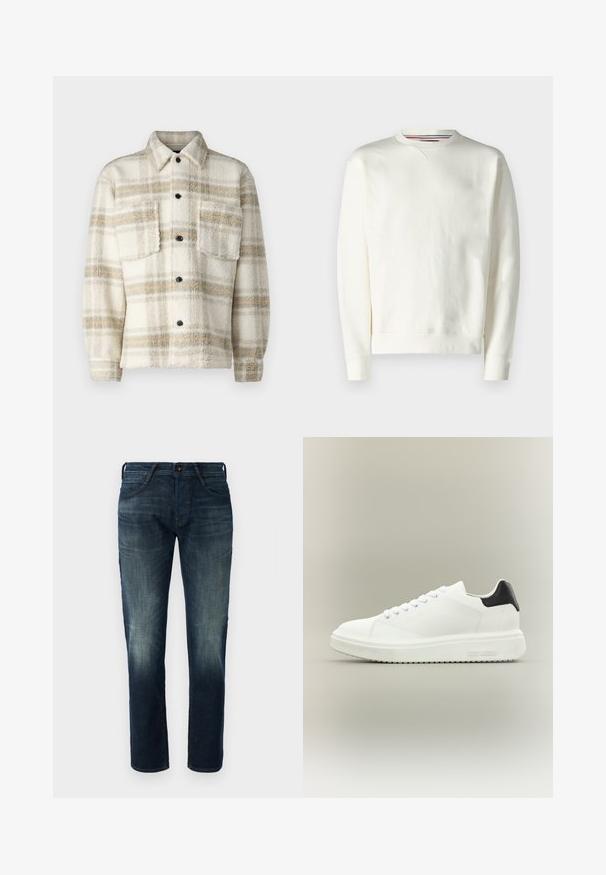 Fleece geruite jas in crème met grijze en gele strepen. Voorzien van een kraag, twee borstzakken en zwarte knopen. Zachte textuur.; Witte sweatshirt met een ronde hals, geribde manchetten en een subtiele logodetail. Zacht materiaal met een gladde textuur en een minimaal ontwerp.; Donkerblauwe rechte jeans van denim met lichte vervaging op de dijen en knieën, met knoop- en ritssluiting aan de voorkant en vijf-pocketstijl.; Witte lage sneaker met dikke zool, veters aan de voorkant en een zwart hielstuk, gebrandmerkt met "Steve Madden" op de zijkant van de zool.