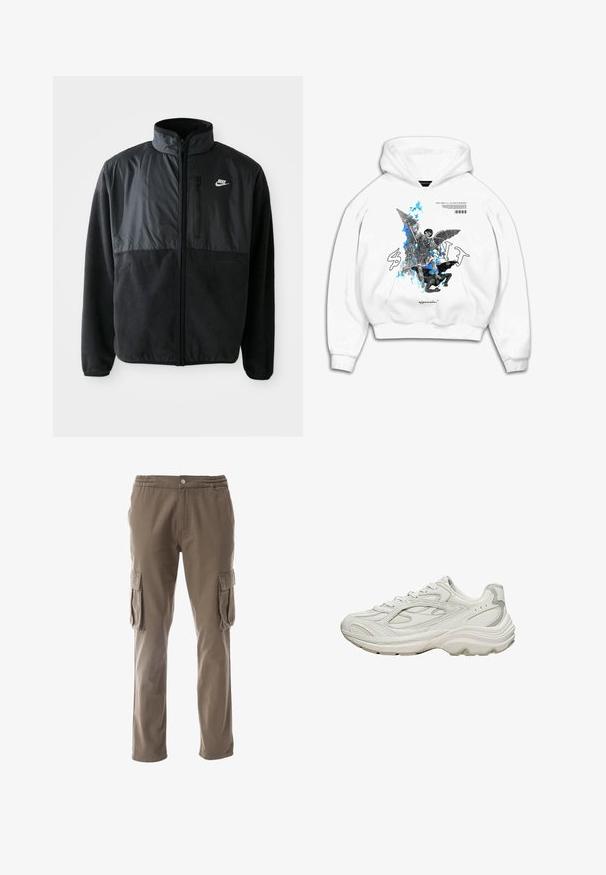 Schwarze Nike-Fleecejacke mit durchgehendem Reißverschluss, hohem Kragen, Reißverschlusstasche auf der Brust und kontrastierendem Stoffpaneel auf der oberen Vorderseite.; Weißer Kapuzenpullover mit grafischem Design eines Engels mit Flügeln und abstrakten blauen Akzenten, sowie Text und Symbolen, die auf die Vorderseite gedruckt sind.; Cargo-Hosen in einem khakifarbenen Ton, mit einem elastischen Bund, Knopfverschluss und zwei seitlichen Cargo-Taschen mit Klappe. Hergestellt aus strapazierfähigem Stoff.; Weißer Sneaker mit strukturiertem Obermaterial und klobiger Sohle. Merkmale sind geschwungene Linien, dezente graue Akzente und ein Schnürdesign.