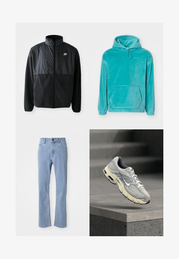 Sort Nike fleecejakke med fuld lynlås, høj krave, lynlåslomme på brystet og kontrasterende stofpanel på den øverste front.; Turkis hætte sweatshirt med en blød tekstur, frontlomme til hænderne og elastiske manchetter. Har en snor i halsen.; Lyseblå denim jeans med lige ben design, fem lomme stil, enkelt knaplukning og diskret falmning.; Grå og hvid Nike løbesko med polstret sål, svævende over et betontrin i et udendørs miljø.