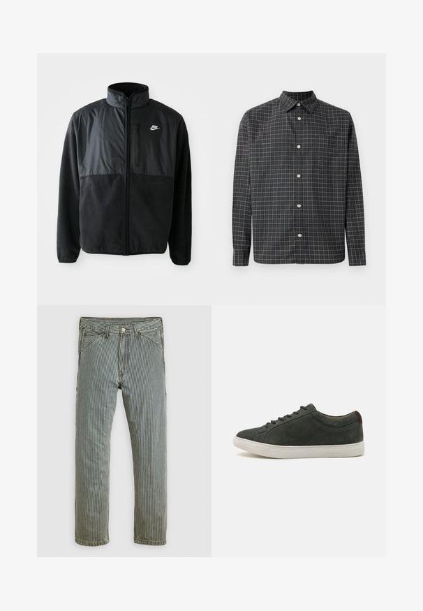 Zwarte Nike fleece jacket met volledige rits, hoge kraag, ritszak op de borst en contrasterend stoffenpaneel aan de bovenkant van de voorkant.; Zwart geruite overhemd met lange mouwen, gemaakt van lichtgewicht stof, voorzien van een lichtgrijze rasterpatroon, knoopsluiting aan de voorkant en een enkele borstzak.; Vertical zwart-witte gestreepte rechte broek met voorzakken en lusjes voor een riem, plat weergegeven op een lichte achtergrond.; Donkergrijze sneakers van suede met een ronde neus, witte rubberen zool en vetersluiting. Bruine accentkleur bij de hak. Effen textuur, minimalistische stijl.