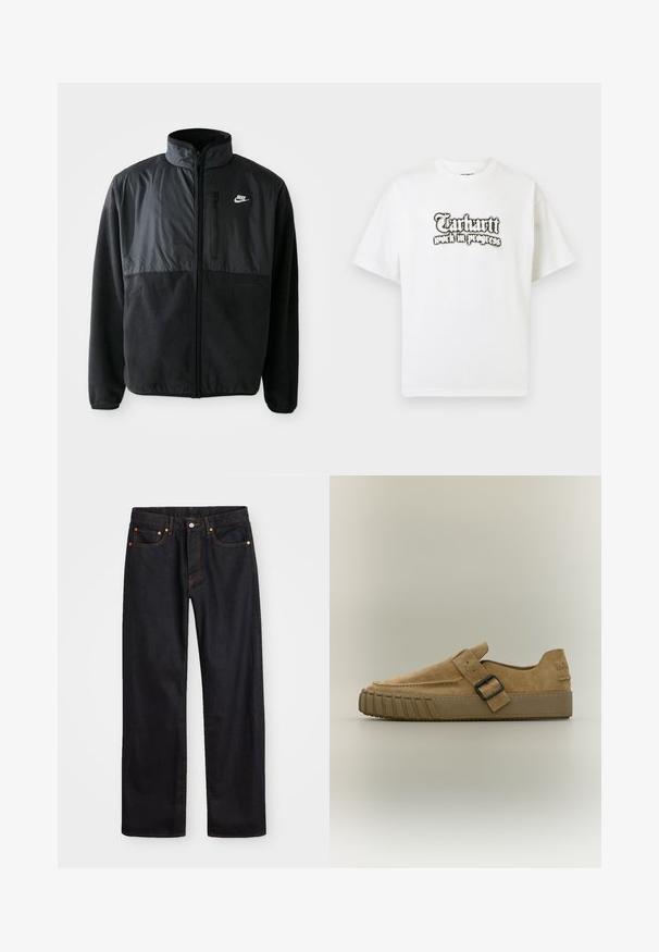 Sort Nike fleecejakke med fuld lynlås, høj krave, lynlåslomme på brystet og kontrasterende stofpanel på den øverste front.; Hvid T-shirt med korte ærmer og sort gotisk tekst "Carhartt work in progress" centreret på brystet.; Mænds lige ben sorte denim jeans med fem lommer og orange syninger, knap- og lynlåslukning foran på taljen.; Tan ruskind slip-on sko med tyk gummisål og sort spænde over toppen, sidevisning på ensfarvet baggrund.
