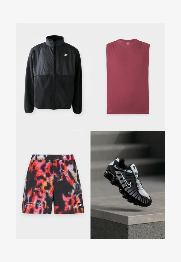 Must musta Nike fliisil jope täispikkade tõmblukkudega, kõrge kraega, tõmblukuga rinnakotiga ja kontrastse kangast paneeliga ülemisel esiküljel.; Varrukateta ümar kaelusega tumesinine t-särk, mis on laotatud helehalli taustale.; Mustad lühikesed püksid, millel on mitmevärviline abstraktne muster punases, roosas ja sinises, valge Nike Air logoga ning kontrastsete külgaktsentidega.; Mustvalge Nike jooksujalats, mis ripub betoonpinna kohal, taustal treppidega kivisein.