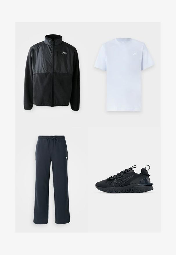Must musta Nike fliisil jope täispikkade tõmblukkudega, kõrge kraega, tõmblukuga rinnakotiga ja kontrastse kangast paneeliga ülemisel esiküljel.; Hele sinine puuvillane t-särk lühikeste varrukatega, ümar kaelus ja valge Nike logo trükituna vasakul rinnal. Sile tekstuur, lihtne disain.; Tumedast meresinised dressipüksid elastse vöökoha ja nööriga. Valmistatud pehmest kangast, vasakul puusal väike valge logo.; Must mustreesne tossudega, millel on hingav võrkmaterjalist pealis, tekstureeritud detailid ja laineline kummist tallaosa. Omab peegelduvat logo ja sidumise süsteemi.