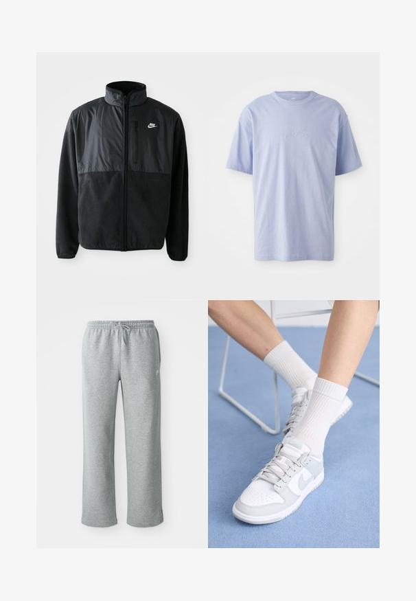 Zwarte Nike fleece jacket met volledige rits, hoge kraag, ritszak op de borst en contrasterend stoffenpaneel aan de bovenkant van de voorkant.; Lichtblauwe katoenen T-shirt met een ronde hals en korte mouwen. Kenmerkt zich door een reliëf "nike" logo op het midden van de voorkant. Zachte textuur.; Grijze katoenen sweatpants met een elastische tailleband, trekkoordsluiting en rechte pijpen. Bevat een klein logo op de bovenste linkerkant.; Witte sneakers met lichtblauwe accenten, leren bovenkant, geperforeerde neus, dikke veters en ribbelsokken in het wit tegen een blauwe achtergrond.