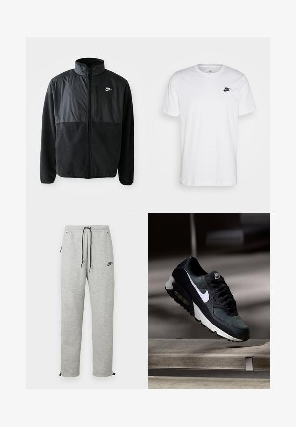 Schwarze Nike-Fleecejacke mit durchgehendem Reißverschluss, hohem Kragen, Reißverschlusstasche auf der Brust und kontrastierendem Stoffpaneel auf der oberen Vorderseite.; Weißes Baumwoll-T-Shirt mit Rundhalsausschnitt, kurzen Ärmeln und einem schwarzen Nike-Logo auf der linken Brust. Einfaches, einfarbiges Design.; Graue Nike Sweatpants mit einem Kordelzugbund, Seitentaschen und elastischen Bündchen. Sie haben eine glatte Textur und ein kontrastierendes schwarzes Logodetail.; Schwarzer und grauer Nike Air Max Sneaker mit weißem Swoosh, schwebend über einer Betonfläche vor einem verschwommenen dunklen Hintergrund.