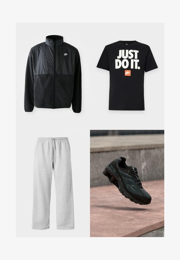 Čierna fleece bunda Nike s plným zipsom, vysokým golierom, zipsovou vreckom na hrudi a kontrastnou tkaninou na hornej prednej časti.; Čierne bavlnené tričko s krátkymi rukávmi. S veľkým bielym textom "JUST DO IT." nad malým oranžovým logom Nike. Štandardný dizajn s okrúhlym výstrihom.; Svetlo šedé tepláky s elastickým pásom a šnúrkou, vyrobené z mäkkej zmesi bavlny, s širokými nohavicami a hladkou textúrou. Bez viditeľných vreciek.; Čierna atletická teniska s viditeľnou medzipodrážkou s air cushioning, ktorá visí nad ružovým kamenným povrchom s pozadím sivej kamennej steny.