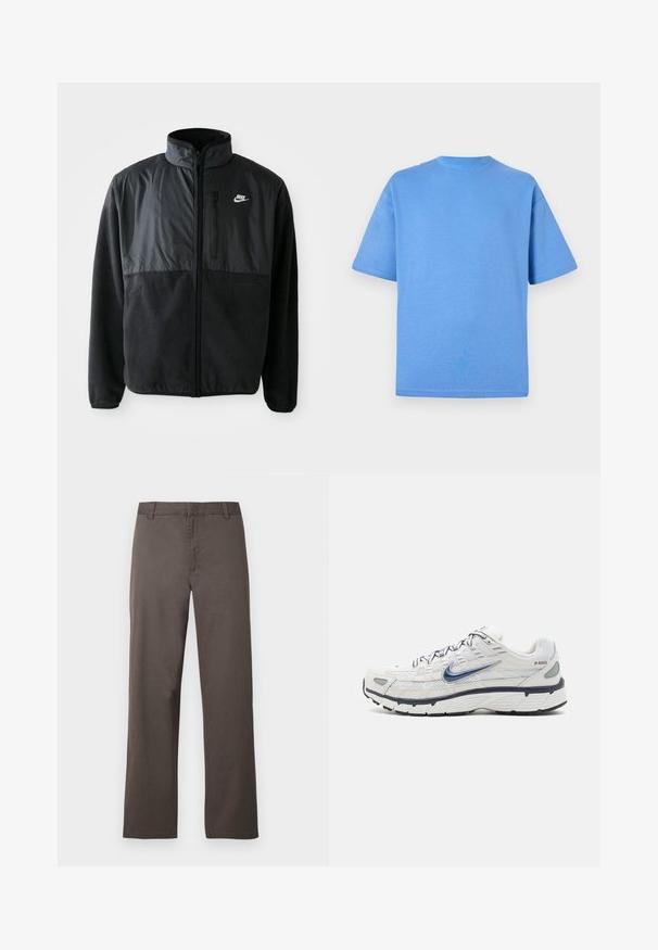 Sort Nike fleecejakke med fuld lynlås, høj krave, lynlåslomme på brystet og kontrasterende stofpanel på den øverste front.; Blå bomulds T-shirt med korte ærmer, rund halsudskæring og ensfarvet design. Blød tekstur og afslappet pasform.; Brune bomuldsbukser med et design i lige ben, der har bæltestropper og en glat tekstur. Ingen synlige mønstre eller hardware-detaljer.; Nike Sportswear P 6000 UNISEX - Sneakers - phantom/obsidian/summit white/white/black/metallic silver