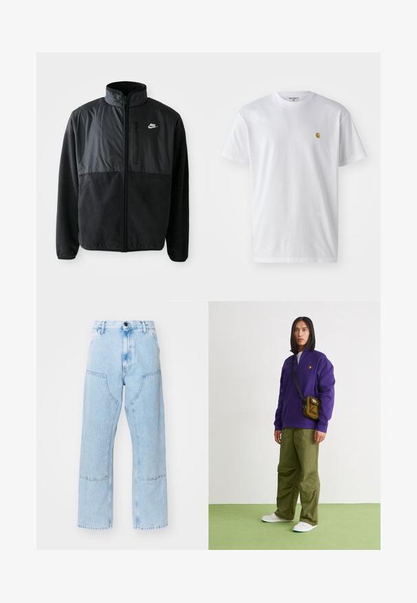 Sort Nike fleecejakke med fuld lynlås, høj krave, lynlåslomme på brystet og kontrasterende stofpanel på den øverste front.; Hvid bomulds t-shirt med korte ærmer, rund hals og et lille guld logo på venstre brystområde. Blød tekstur og almindelig pasform.; Lyseblå, lige ben denim jeans med store forlommer og kontraststing. Stoffet har en lysnet, blød tekstur.; Jordan AIR JORDAN 1 ZM CMFT 2 - Sneakers high - summit white/bicoastal/oxidized green