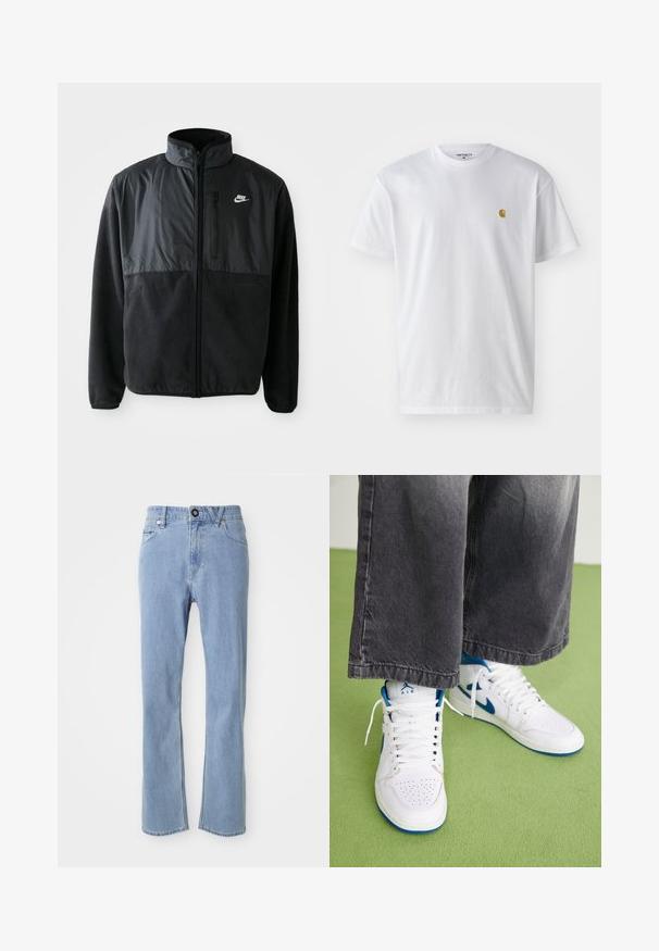 Sort Nike fleecejakke med fuld lynlås, høj krave, lynlåslomme på brystet og kontrasterende stofpanel på den øverste front.; Hvid bomulds t-shirt med korte ærmer, rund hals og et lille guld logo på venstre brystområde. Blød tekstur og almindelig pasform.; Lyseblå denim jeans med lige ben design, fem lomme stil, enkelt knaplukning og diskret falmning.; Hvide højtop sneakers med blå accenter, perforeret tå boks og hvide snørebånd. Båret med løse grå denim bukser på en grøn overflade.