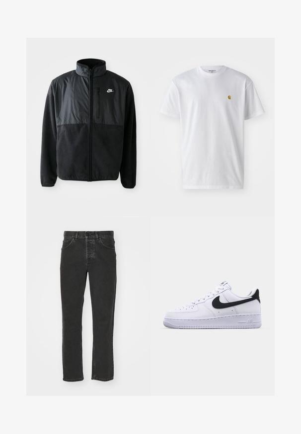 Čierna fleece bunda Nike s plným zipsom, vysokým golierom, zipsovou vreckom na hrudi a kontrastnou tkaninou na hornej prednej časti.; Biele bavlnené tričko s krátkymi rukávmi, okrúhlym výstrihom, s malým zlatým logom na ľavej strane hrude. Mäkká textúra a normálny strih.; Čierne riflové nohavice so strihom rovného nohavice, klasickým dizajnom s piatimi vreckami, gombíkovým pásom a vybledlým povrchom. Hladká textúra, žiadne viditeľné vzory.; Biele kožené tenisky s textúrovaným čiernym Swooshom, plochými šnúrkami a gumovou podrážkou s ryhovaným vzorom. Na päte je embosovaný nápis "AIR".