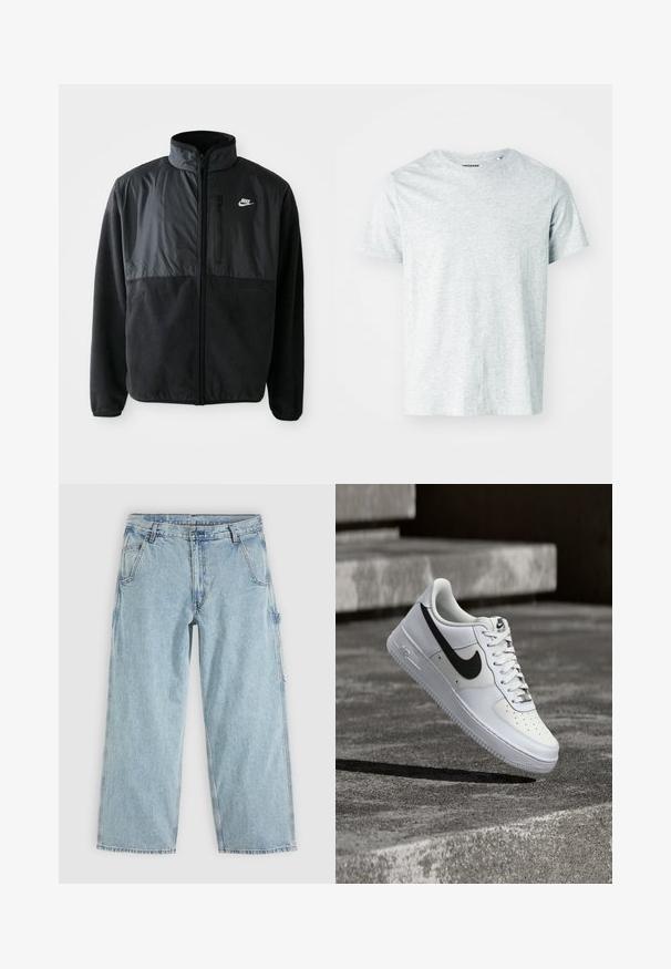 Chaqueta de forro polar negra de Nike con cremallera completa, cuello alto, bolsillo en el pecho con cremallera y panel de tela en contraste en la parte superior delantera.; Camiseta de manga corta gris claro, confeccionada en una tela suave, con cuello redondo y un corte ligeramente relajado. Sin patrones ni gráficos visibles.; Vaqueros de mezclilla azul claro con pierna recta, bolsillos delanteros, trabillas para cinturón, cierre de botones y un lazo lateral para herramientas.; Zapatilla blanca Nike Air Force 1 con el logo Swoosh negro, cordones atados, posicionada en el aire sobre una superficie de concreto texturizado al aire libre.