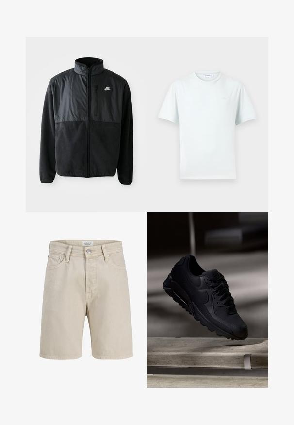 Zwarte Nike fleece jacket met volledige rits, hoge kraag, ritszak op de borst en contrasterend stoffenpaneel aan de bovenkant van de voorkant.; Effen wit T-shirt met korte mouwen en ronde hals, met een subtiel logo op de borst en een zichtbaar merketiket binnenin de kraag.; Beige denim short met riemlussen, knoopsluiting voor, rits, vijf zakken en zichtbare stiksels, getoond tegen een witte achtergrond.; Zwarte Nike Air Max 90 sneaker met een gestructureerd mesh bovenwerk, gladde leren accenten, een gevoerd kraagje en zichtbare luchtkussens in de zool.