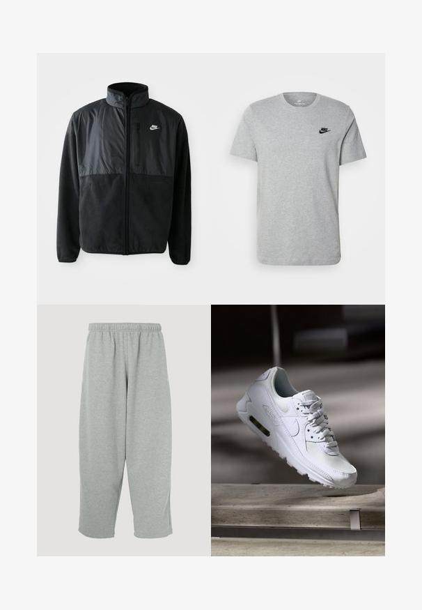 Sort Nike fleecejakke med fuld lynlås, høj krave, lynlåslomme på brystet og kontrasterende stofpanel på den øverste front.; Grå kortærmet T-shirt i bomuld med et sort Nike-logo på brystet og rund halsudskæring. Minimalistisk design uden mønstre.; Lysegrå joggingbukser med elastisk taljebånd, konisk ben-design og blød tekstur. Ingen synligt mærke eller mønstre.; Hvide Nike Air Max 90 sneakers med en overdel i mesh og læder, perforeret tåboks og en synlig luftenhed i hælen.