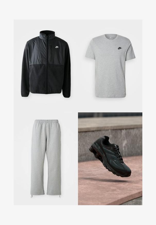 Schwarze Nike-Fleecejacke mit durchgehendem Reißverschluss, hohem Kragen, Reißverschlusstasche auf der Brust und kontrastierendem Stoffpaneel auf der oberen Vorderseite.; Graues T-Shirt mit kurzen Ärmeln aus Baumwolle, mit einem schwarzen Nike-Logo auf der Brust und einem runden Ausschnitt. Minimalistisches Design ohne Muster.; Graue Sweatpants mit einem elastischen Bund, geraden Beinen und Kordelzug-Akzenten am Saum. Hergestellt aus weichem, strukturierter Stoff.; Schwarzer athletischer Sneaker mit sichtbarer Air-Cushioning-Zwischensohle, der über einer rosa Steinoberfläche mit grauer Steinmauer im Hintergrund schwebt.
