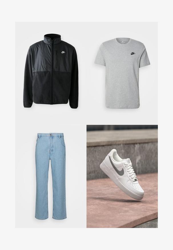 Schwarze Nike-Fleecejacke mit durchgehendem Reißverschluss, hohem Kragen, Reißverschlusstasche auf der Brust und kontrastierendem Stoffpaneel auf der oberen Vorderseite.; Graues T-Shirt mit kurzen Ärmeln aus Baumwolle, mit einem schwarzen Nike-Logo auf der Brust und einem runden Ausschnitt. Minimalistisches Design ohne Muster.; Helle blaue Denim-Jeans mit geradem Bein, ausgestattet mit einem Knopfverschluss, Gürtelschlaufen und zwei Vorderstaschen.; Weißer Nike Air Force 1 Sneaker mit grauem Swoosh-Logo, der über einer Steinoberfläche und einem grauen Steinwandhintergrund schwebt.