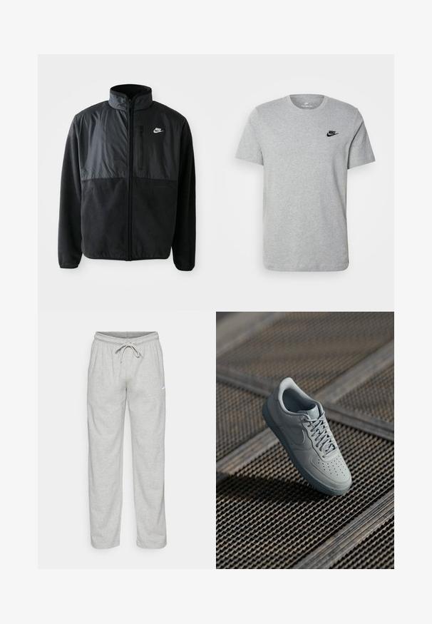 Sort Nike fleecejakke med fuld lynlås, høj krave, lynlåslomme på brystet og kontrasterende stofpanel på den øverste front.; Grå kortærmet T-shirt i bomuld med et sort Nike-logo på brystet og rund halsudskæring. Minimalistisk design uden mønstre.; Lys grå sweatpants lavet af blødt stof. Har en elastisk talje med snøre og Nike-logo i sort på venstre lår.; Grå lædersneaker med perforeret tå, flade snørebånd, polstret krave og struktureret gummisål. Har en subtil brandingdetalje.