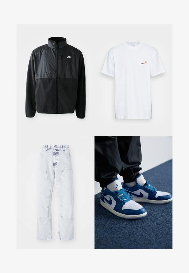 Čierna fleece bunda Nike s plným zipsom, vysokým golierom, zipsovou vreckom na hrudi a kontrastnou tkaninou na hornej prednej časti.; Biala bavlnená tričko s krátkymi rukávmi. Navrhnuté s malým oranžovým a vínovým logom na ľavej strane hrude. Obsahuje klasický crew neck.; Svetlo modré denimové rovné nohavice s náprsními vreckami, vysokým pásom a vyblednutým vzhľadom. Obsahuje tónové švíky a voľný strih.; Nike Air Jordan tenisky majú bielu koženú základňu s modrými syntetickými akcentmi, perforovanou špičkou a modrými šnúrkami.