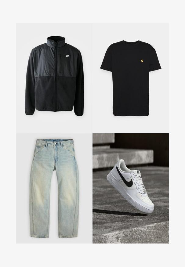 Sort Nike fleecejakke med fuld lynlås, høj krave, lynlåslomme på brystet og kontrasterende stofpanel på den øverste front.; Sort bomulds t-shirt med korte ærmer, rund halsudskæring og et lille gult logo på venstre brystområde. Enkel design og almindelig pasform.; Lys blå jeans med vide ben lavet af denim. Har fem lommer, en knaplukning og falmede områder for et brugt udseende.; Hvid Nike Air Force 1-sneaker med sort swoosh, snørebånd bundet, placeret i luften over tekstureret betonoverflade udendørs.