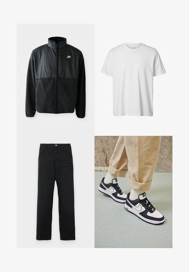 Schwarze Nike-Fleecejacke mit durchgehendem Reißverschluss, hohem Kragen, Reißverschlusstasche auf der Brust und kontrastierendem Stoffpaneel auf der oberen Vorderseite.; Schlichtes weißes T-Shirt mit kurzen Ärmeln und Rundhalsausschnitt, lässiger Passform und ohne sichtbare Logos oder Designs auf der Vorderseite.; Schwarze Denim-Hose mit geradem Bein, ausgestattet mit einem vorderen Knopfverschluss, zwei Seitentaschen und feiner Textur.; Schwarz-weiße Nike Air Force 1 Sneaker mit einem Obermaterial aus Leder, perforierter Zehenpartie und strukturiertem Sohlendesign, getragen mit aufgerollten beigen Hosen und weißen Socken.