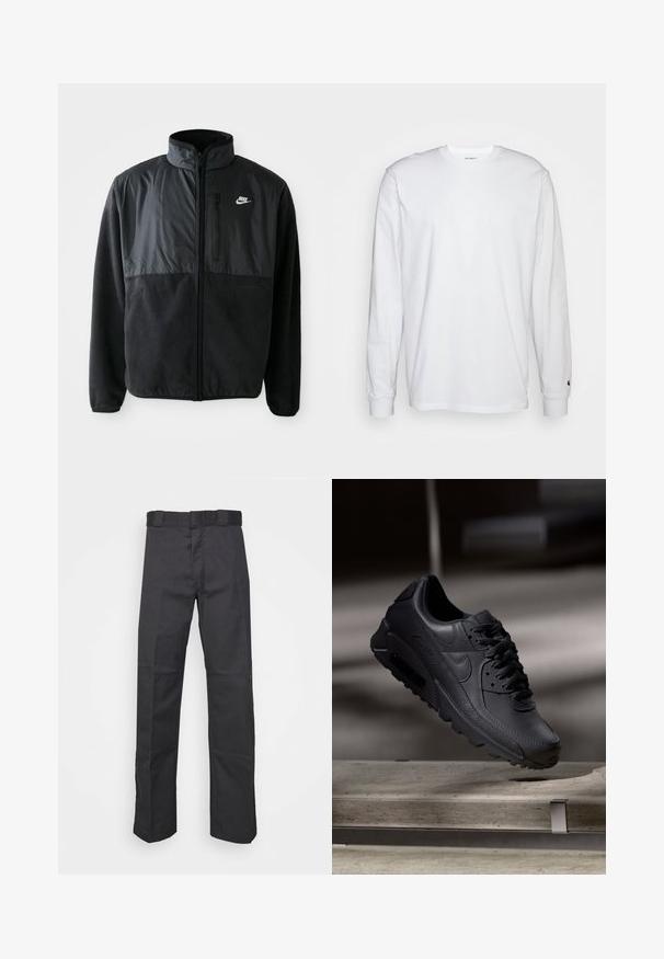 Zwarte Nike fleece jacket met volledige rits, hoge kraag, ritszak op de borst en contrasterend stoffenpaneel aan de bovenkant van de voorkant.; Witte lange mouwen T-shirt van katoen. Ronde hals ontwerp met ribgebreide manchetten en een klein logo op de linkermouw. Gladde textuur.; Zwarte broek van duurzaam materiaal, met een rechte pijpdesign, een tailleband met riemlussen en naden voor extra textuur.; Zwarte Nike Air Max sneakers met een bovenwerk van gestructureerd leer, rubberen zool en een opvallend vetersysteem, dat een strakke, moderne uitstraling heeft.