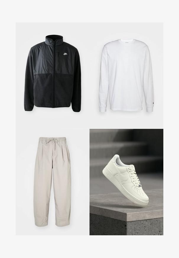 Chaqueta de forro polar negra de Nike con cremallera completa, cuello alto, bolsillo en el pecho con cremallera y panel de tela en contraste en la parte superior delantera.; Camiseta blanca de manga larga hecha de algodón. Diseño de cuello redondo con puños acanalados y un pequeño logo en la manga izquierda. Textura suave.; Pantalones ligeros color beige con cintura elástica y cordón de ajuste. Presentan pliegues y un corte holgado, elaborados con una tela suave y lisa.; Zapatilla deportiva de cuero blanco con diseño de perfil bajo, superficie texturizada, perforaciones en la punta y detalles plateados en los cordones y la marca.