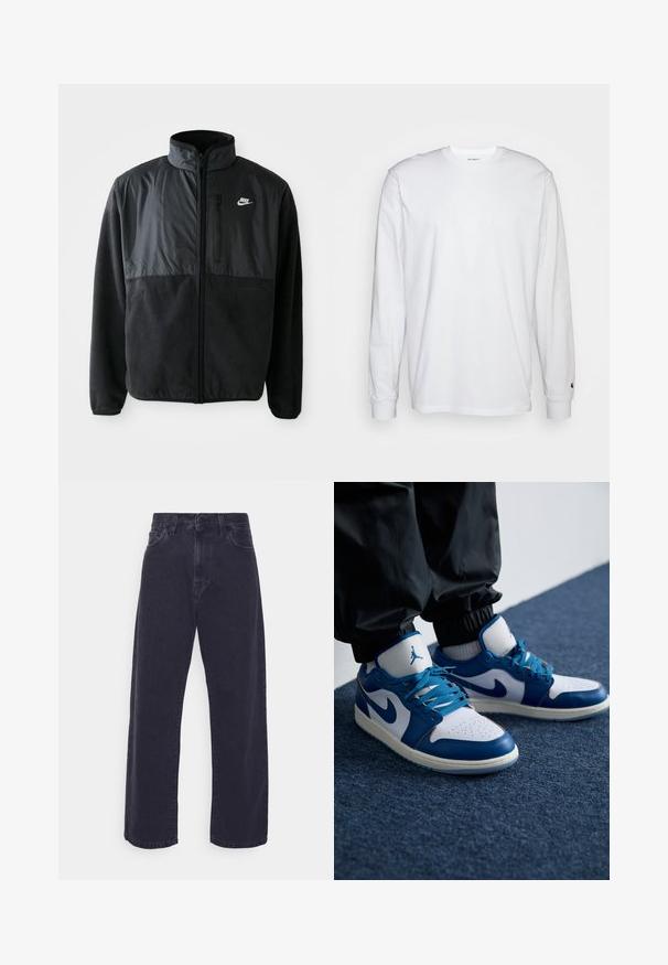 Veste en polaire noire Nike avec fermeture éclair intégrale, col montant, poche poitrine zippée et panneau en tissu contrastant sur le devant supérieur.; T-shirt blanc à manches longues en coton. Design à col rond avec des poignets côtelés et un petit logo sur la manche gauche. Texture lisse.; Jeans en denim foncé avec une silhouette à jambes larges, taille haute et design à cinq poches. Présente une fermeture à bouton classique et zip.; Les baskets Nike Air Jordan présentent une base en cuir blanc avec des accents en synthétique bleu, une boîte à orteils perforée et des lacets bleus.