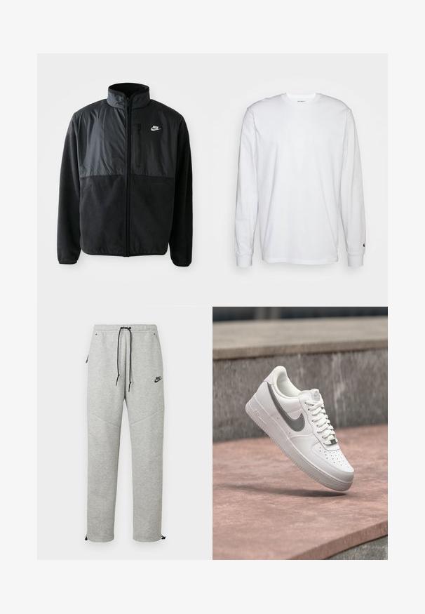 Čierna fleece bunda Nike s plným zipsom, vysokým golierom, zipsovou vreckom na hrudi a kontrastnou tkaninou na hornej prednej časti.; Biela dlhá bavlnená tričko s dlhým rukávom. Dizajn s okrúhlym výstrihom a rebrovanými manžetami, malá nášivka na ľavom rukáve. Hladká textura.; Šedé Nike tepláky so sťahovacím pásom, bočnými vreckami a elastickými manžetami. Majú hladkú textúru a kontrastný čierny logotyp.; Biela teniska Nike Air Force 1 so sivým logom swoosh, ktorá visí nad kamenným povrchom a sivou kamennou stenou v pozadí.