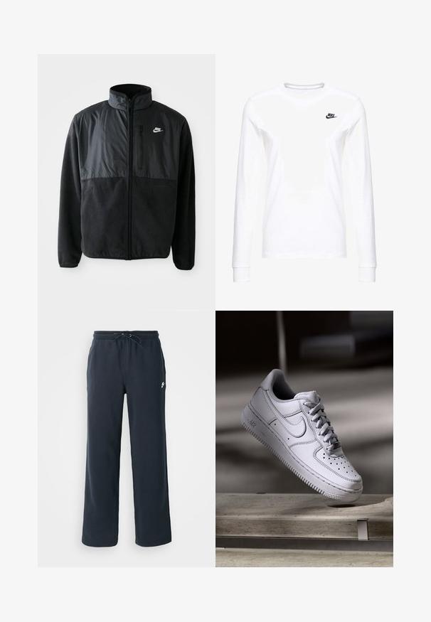 Veste en polaire noire Nike avec fermeture éclair intégrale, col montant, poche poitrine zippée et panneau en tissu contrastant sur le devant supérieur.; T-shirt blanc à manches longues en coton, arborant un petit logo noir de Nike sur la poitrine gauche et un col rond. Texture lisse.; Pantalons de survêtement bleu marine foncé avec une taille élastique et un cordon de serrage. Fabriqués en tissu doux, avec un petit logo blanc sur la hanche gauche.; La basket Nike Air Force 1 en cuir blanc présente un embout perforé, des lacets plats et une semelle en caoutchouc texturée avec le logo « AIR » sur le côté.