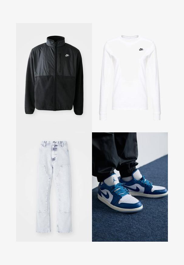 Chaqueta de forro polar negra de Nike con cremallera completa, cuello alto, bolsillo en el pecho con cremallera y panel de tela en contraste en la parte superior delantera.; Camiseta blanca de manga larga hecha de algodón, con un pequeño logo negro de Nike en el lado izquierdo del pecho y un escote redondeado. Textura suave.; Pantalones vaqueros de mezclilla azul claro, de pierna recta, con bolsillos de parche, cintura alta y un acabado desgastado. Presentan costuras tonales y un ajuste relajado.; Las zapatillas Nike Air Jordan cuentan con una base de cuero blanco con acentos sintéticos azules, una caja de dedos perforada y cordones azules.