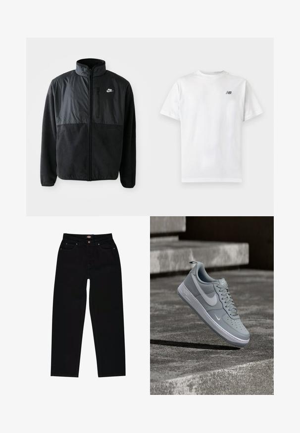 Chaqueta de forro polar negra de Nike con cremallera completa, cuello alto, bolsillo en el pecho con cremallera y panel de tela en contraste en la parte superior delantera.; Camiseta blanca de manga corta con cuello redondo y un pequeño logo negro de New Balance en la parte superior izquierda del pecho sobre un fondo liso y claro.; Vaqueros de mezclilla negra con corte recto, que cuentan con cinco bolsillos, costuras marrones y cierre de cremallera. Textura suave y material duradero.; Zapatilla Nike Air Force 1 gris con el logo Swoosh blanco, flotando sobre una superficie de concreto texturizado y con unas escaleras de fondo.