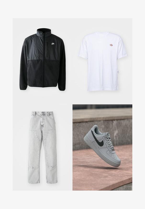 Chaqueta de forro polar negra de Nike con cremallera completa, cuello alto, bolsillo en el pecho con cremallera y panel de tela en contraste en la parte superior delantera.; Camiseta de algodón blanca con cuello en V y mangas cortas. Presenta un pequeño logo bordado de colores en el lado izquierdo del pecho. Textura suave.; Pantalones de mezclilla gris claro con un corte holgado, que presentan grandes bolsillos laterales, costuras visibles y un diseño de pierna recta. Pasadores para cinturón en la cintura.; Zapatilla Nike Air Force 1 gris con el logo swoosh negro, suela blanca y cordones, mostrada en el aire sobre una superficie de concreto.
