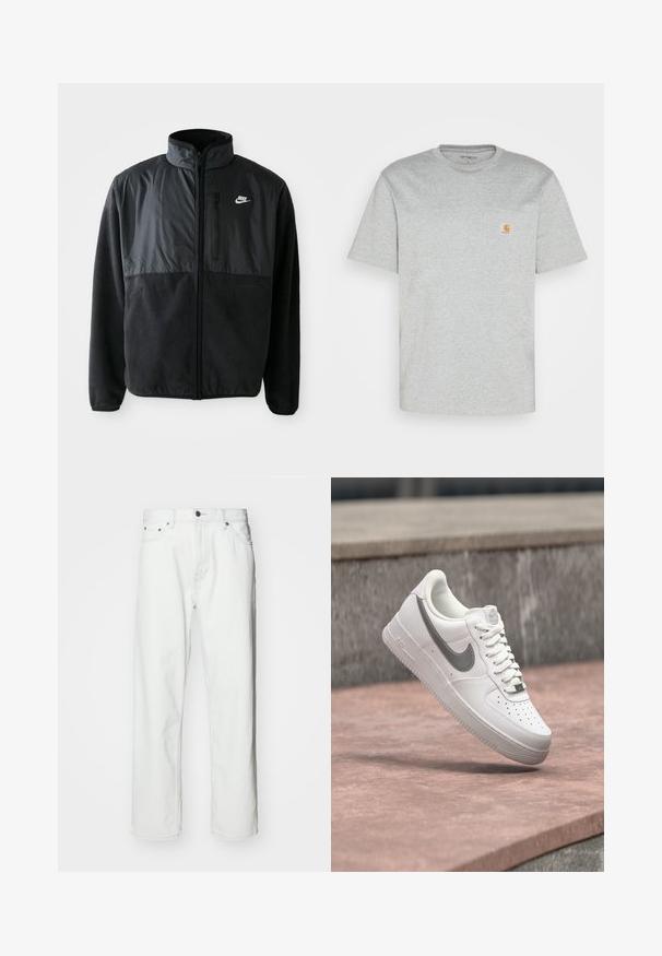Zwarte Nike fleece jacket met volledige rits, hoge kraag, ritszak op de borst en contrasterend stoffenpaneel aan de bovenkant van de voorkant.; Grijze katoenen t-shirt met korte mouwen en een ronde hals. Bevat een linker borstzak en een klein merklogo in oranje op de zak.; Witte denim jeans met een rechte snit, vijf-pocket ontwerp, knoopsluiting en subtiele stikseldetails. Gladde textuur en minimalistische stijl.; Witte Nike Air Force 1 sneaker met grijs swoosh-logo zwevend boven een stenen oppervlak en een grijze stenen muur op de achtergrond.