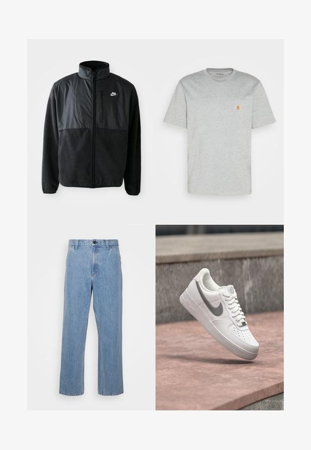Čierna fleece bunda Nike s plným zipsom, vysokým golierom, zipsovou vreckom na hrudi a kontrastnou tkaninou na hornej prednej časti.; Šedé bavlnené tričko s krátkymi rukávmi a okrúhlym výstrihom. Má ľavú náprsníkovú kapsu a malé logo značky v oranžovej farbe na kapsičke.; Svetlomodré denimové džínsy so straight leg strihom, s gombíkovým zapínaním a pútkami na opasok. Tkanina má jemne vyblednutú textúru.; Biela teniska Nike Air Force 1 so sivým logom swoosh, ktorá visí nad kamenným povrchom a sivou kamennou stenou v pozadí.